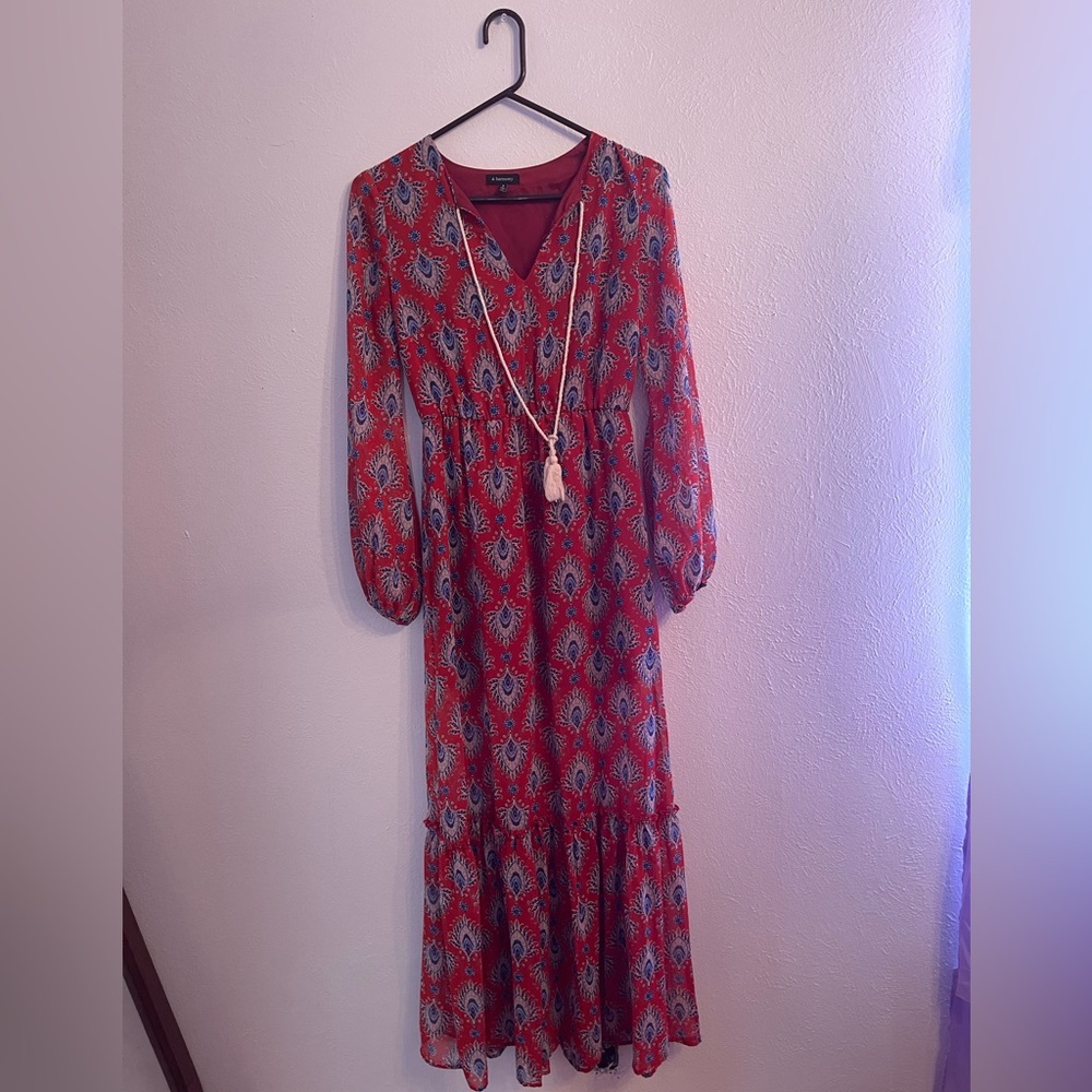 Red and blue, long sleeve, v-neck dress